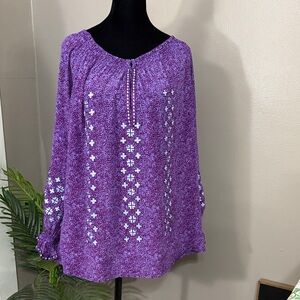 Rungolee Chic Purple Blouse with Baby Blue Embroidery off shoulder women’s M